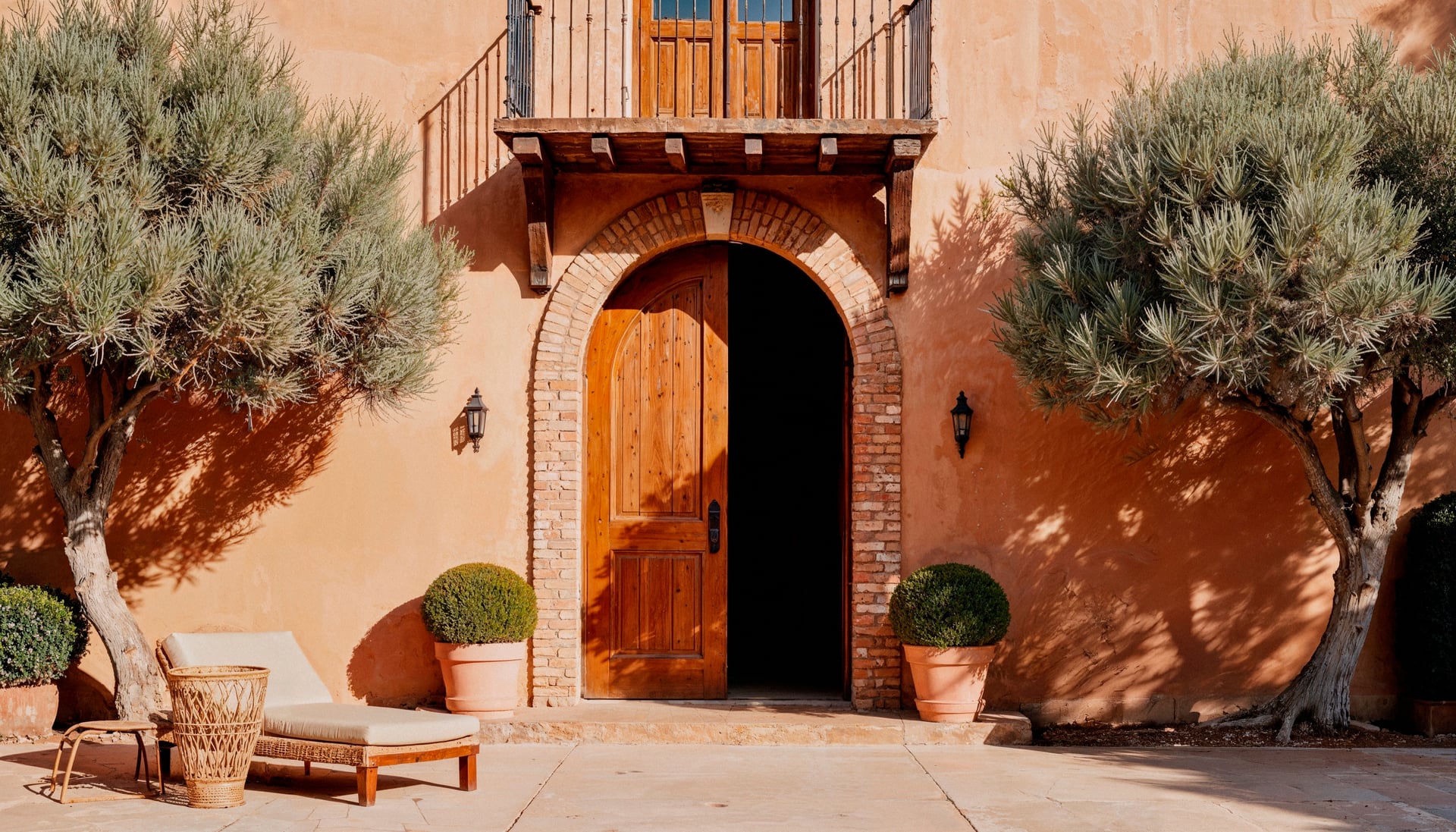 Cour de riad aux murs terre cuite, porte de bois cintrée et oliviers en pot