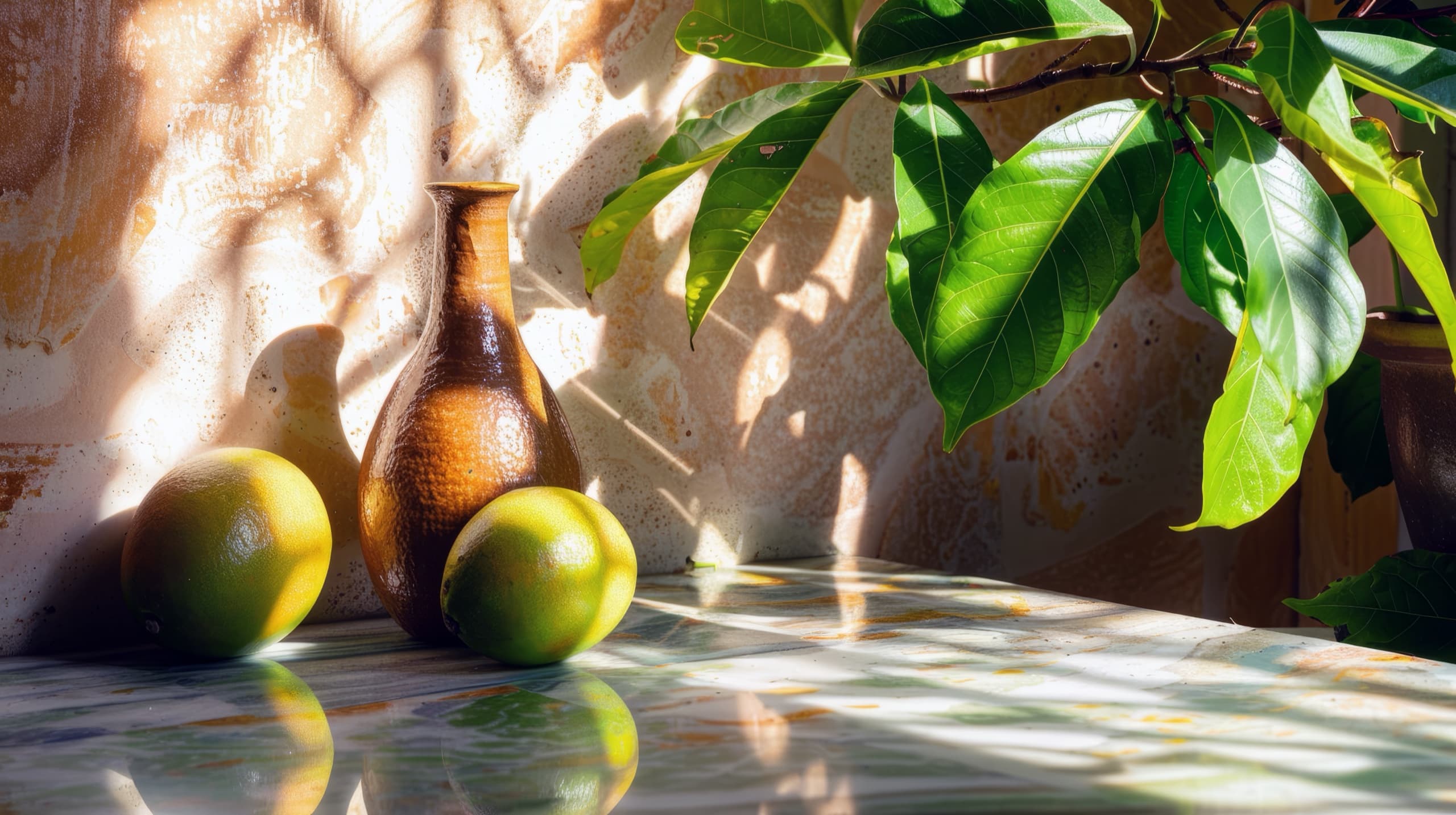 Agrumes et carafe de laiton sur une pierre claire, ombres de feuillage