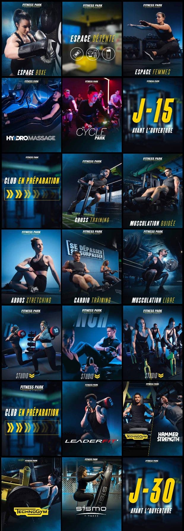 Feed Instagram du club : présentation des espaces, boxe, cycle, cross training et musculation
