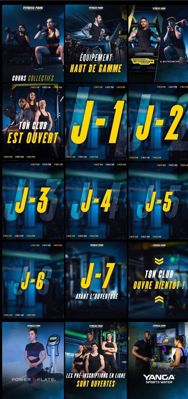 Feed Instagram du club : compte à rebours J-1 à J-7 en chiffres jaunes et annonce d’ouverture